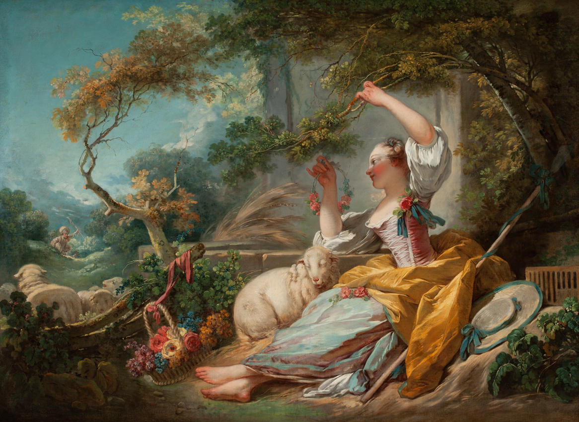 A woman in a dress sits under a tree, weaving flowers, next to a sheep sleeping beside her