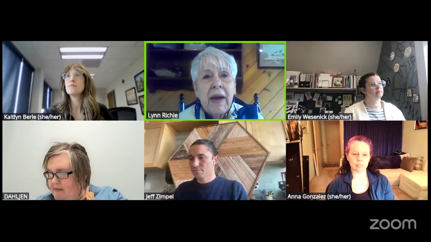 A virtual meeting with six diverse participants in individual video call boxes