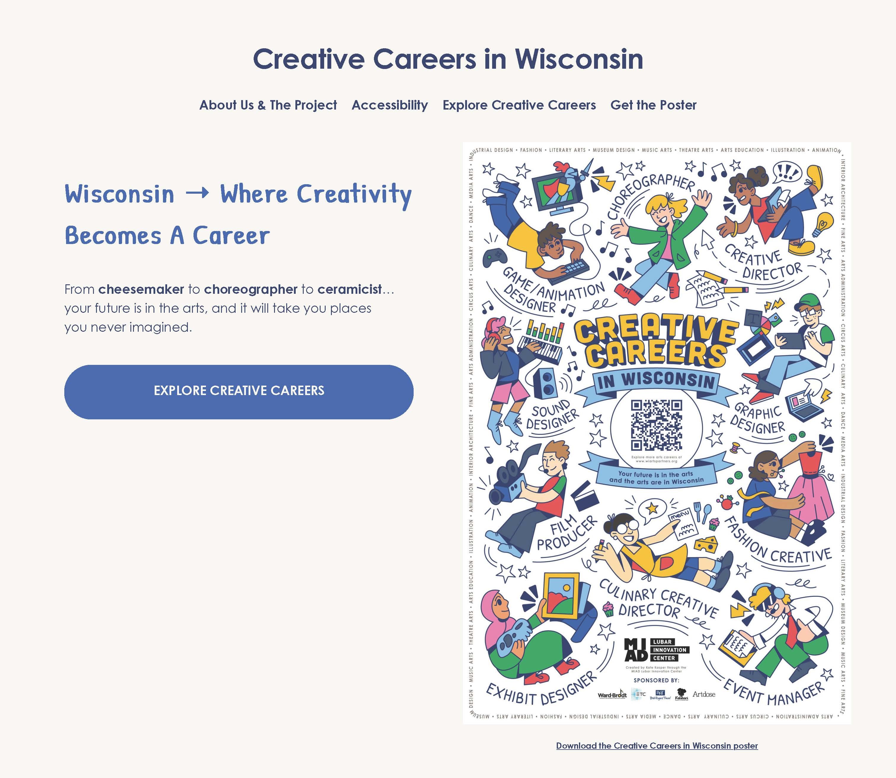 Creative Careers in Wiscosin homepage featuring links to explore the project, creative careers, and the poster itself.